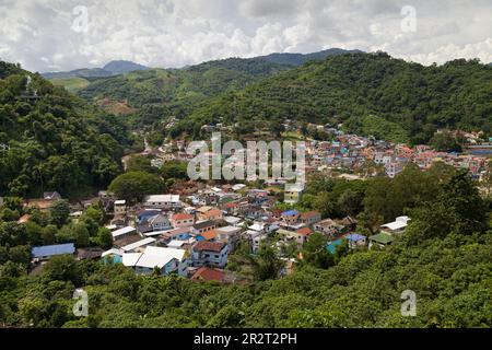 Mae Sai and Tachileik in Myanmar from Wat Phra That Doi Wao, Chaing Rai province, Thailand. Stock Photo