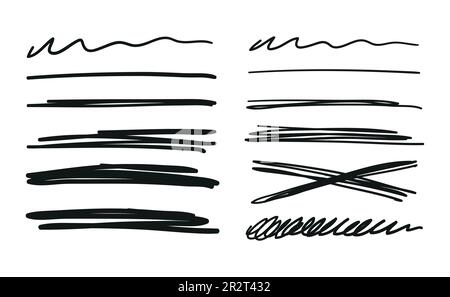 Set of hand drawn scribbles, strikethroughs, blots in text, highlighter, pen, pencil underlines. Abstract lines for the design of handwritten text. Ve Stock Vector