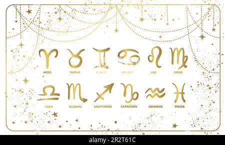 Banner with symbols of 12 zodiac signs, vintage hand drawn illustration for astrology, horoscope, divination, boho design. Golden mystical graphic iso Stock Vector