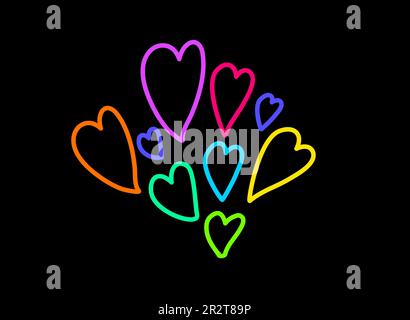 Declarative hand drawn garland of hearts flying with neon bright felt tip pens on dark black backdrop. Party icon for design of card or invitation. Do Stock Vector