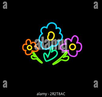 Declarative hand drawn bouquet of fresh spring flowers with neon bright felt tip pens on dark black backdrop. Party icon for design of card or invitat Stock Vector