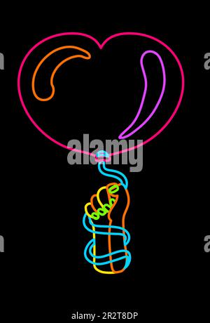 Declarative hand drawn heart shaped balloon in hand with neon bright felt tip pens on dark black backdrop. Party icon for design of card or invitation Stock Vector