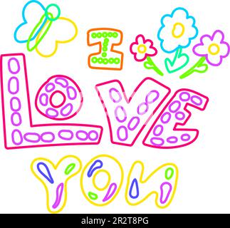 Declarative I love your flower bouquets hand drawn text with neon lights on dark night backdrop. Festive elegant inscription for design of card or inv Stock Vector