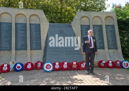 Veterans and members of 617 Squadron and the Royal Air Force attend a service of remembrance for the 80th Anniversary of the Dambusters Raid at the memorials in Woodhall Spa Lincolnshire  (Photo by Lisa Harding/News Images) Stock Photo