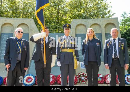 Veterans and members of 617 Squadron and the Royal Air Force attend a service of remembrance for the 80th Anniversary of the Dambusters Raid at the memorials in Woodhall Spa Lincolnshire  (Photo by Lisa Harding/News Images) Stock Photo