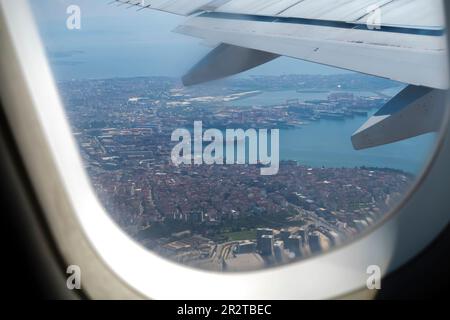 Bosporus Turkey, Bosphorus Istanbul Turkey - aircraft wing - aerial view from an airplane window seat Stock Photo