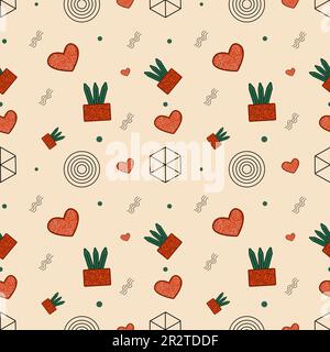 cute hand drawn hearts and circles,geometric figures on pastel background seamless vector pattern background illustration. Stock Vector