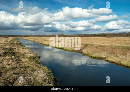 Cumulus clouds over the Uherka River in eastern Poland, April view Stock Photo