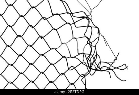 The texture of the metal mesh. Torn, destroyed, broken metal mesh on a white background Stock Photo