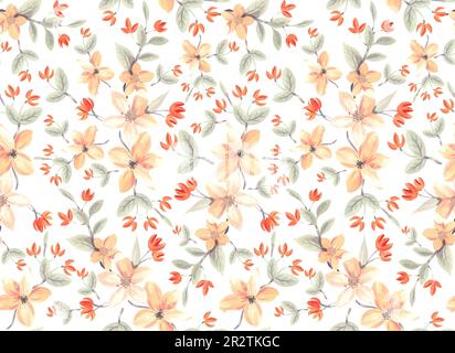 Orange Floral seamless pattern isolated on white background. . Botanical motif with blossoms , leaves for wallpaper, wrapping, fabric Stock Photo