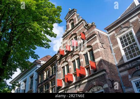 Low angle view of the façade of some traditional houses in Deventer, the Netherlands with stepped gable roof and red shutters and adjacent tree agains Stock Photo