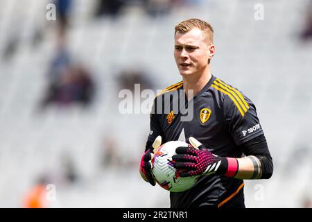 London, UK. 21st May, 2023. Leeds United goalkeeper Kristoffer Klaesson during the warm up. Premier League match, West Ham Utd v Leeds Utd at the London Stadium, Queen Elizabeth Olympic Park in London on Sunday 21st May 2023 . this image may only be used for Editorial purposes. Editorial use only pic by Lewis Mitchell/Andrew Orchard sports photography/Alamy Live news Credit: Andrew Orchard sports photography/Alamy Live News Stock Photo