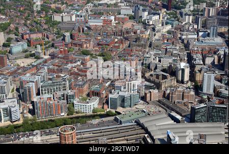 aerial view of Leeds city centre from the souyth looking across the station up Park Row on the right, West Yorkshire Stock Photo