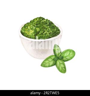 Watercolor of Italian genovese local herbal pesto sauce and basil leaves served in bowl. Hand-drawn illustration isolated on white background. Perfect Stock Photo