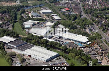 aerial view of industry at Dewsbury Mills on Calder Bank Road, and on Tenter Fields, Dewsbury, West Yorkshire Stock Photo