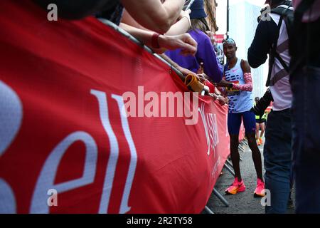 Sir Mo Farah poses with fans at the finish line of the 10k mens elite race during the AJ Bell Great Manchester Run 2023. Picture date: Sunday May 21, 2023. Stock Photo