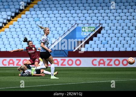 Birmingham, UK. 21st May 2023.   Kirsty Hanson of Aston Villa scores the opening goal during the Women’s Super League match between Aston Villa and Liverpool at Villa Park in Birmingham on 21st May 2023. This image may only be used for Editorial purposes. Editorial use only.  Credit: Ashley Crowden/Alamy Live News Stock Photo