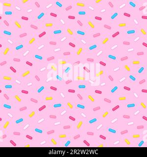 Bright sugar sprinkles seamless pattern. Pink background, donut glaze or birthday cake. Fun cartoon vector texture. Stock Vector