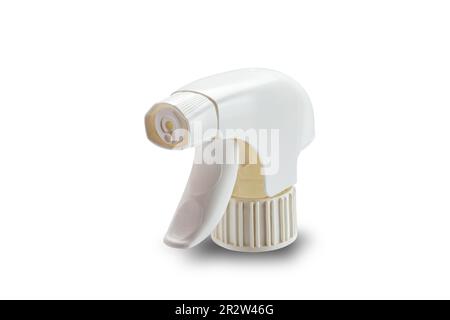 Closeup view of single white plastic spray head or spray nozzle isolated on white background with clipping path. Stock Photo