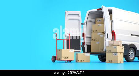 Fast espress delivery concept. Rear view of delivery van with cardboard boxes on blue background. 3d illustration Stock Photo