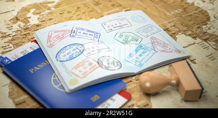 Opened passport with visa stamps with airline boarding pass tickets on the world map. Travel or turism concept.  3d illustration Stock Photo