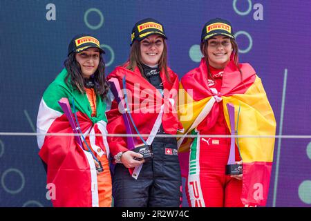 21st May 2023; Circuit de Barcelona-Catalunya, Barcelona, Catalonia, Spain: 6 Hours of Barcelona, Day 2; podium ceremony (L-R) 2nd place Amna Al Qubaisi (ARE) of the MP Motorsport Formula One Academy Tatuus Automobili, 1st place Lena Buhler (CHE) of the Art Grand Prix Formula One Academy Tatuus Automobili and 3rd place Nerea Marti (SP) of the Campos Racing Formula One Academy Tatuus Automobili celebrate on the podium Stock Photo