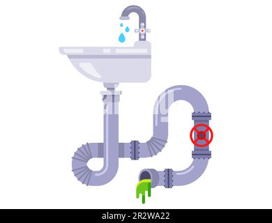 water flows from the sink into the sewer. flat vector illustration Stock Vector