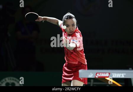 Durban, South Africa. 21st May, 2023. Sarah Jalli (R) of the United States  reacts during the women's singles first round match between Hayata Hina of  Japan and Sarah Jalli of the United