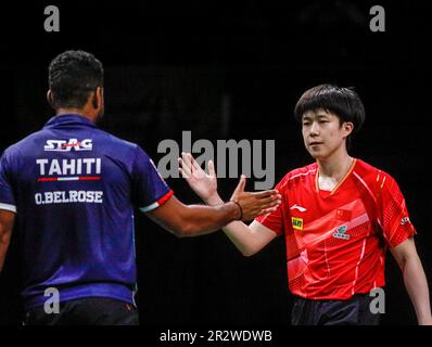 Durban, South Africa. 21st May, 2023. Sarah Jalli (R) of the United States  reacts during the women's singles first round match between Hayata Hina of  Japan and Sarah Jalli of the United