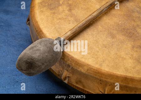 handmade, native American style, shaman frame drum with a beater Stock Photo