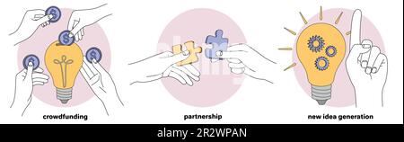 Entrepreneurship and teamwork cooperation. Flat set of crowdfunding, new idea generation and partnership with light bulb, financial support or donations, puzzle connection or solving problems. Stock Vector