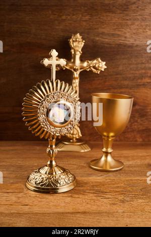 Corpus christi. Ostensory for worship for Catholic church ceremony. Stock Photo