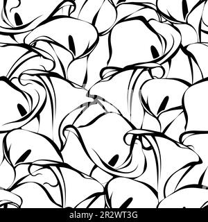 Floral pattern with calla lily flowers contours. Black and white seamless background. Vector modern print Stock Vector