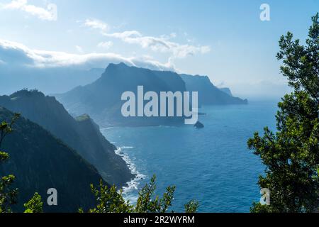 Levada trail Vereda do Larano on the cliff near Porto da Cruz on the island of Madeira Stock Photo