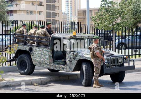 Beirut, Lebanon. 19th May, 2023. Soldiers of Lebanese Army patrol a street of Beirut, Lebanon, May 19 2023. (Photo by Elisa Gestri/SIPA USA) Credit: Sipa USA/Alamy Live News Stock Photo