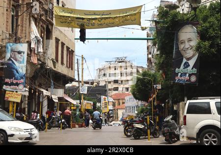 Beirut, Lebanon. 19th May, 2023. Posters of Amal party's leader Nabih Berri are seen in a Shia muslim neighbourhood of Beirut, Lebanon, May 19 2023. (Photo by Elisa Gestri/SIPA USA) (Photo by Elisa Gestri/SIPA USA) Credit: Sipa USA/Alamy Live News Stock Photo