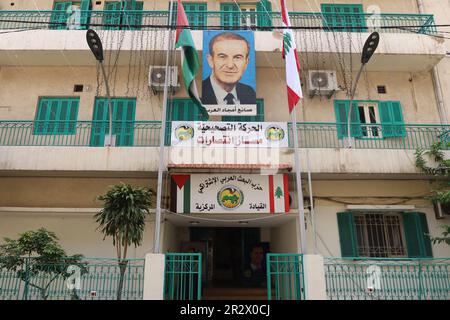 Beirut, Lebanon. 19th May, 2023. A picture of former Syrian President Hafez Al Assad is seen at the headquarters of Arab Socialist Ba'ath Party, a pro-Syrian movement, Beirut, Lebanon, May 19 2023. (Photo by Elisa Gestri/SIPA USA) Credit: Sipa USA/Alamy Live News Stock Photo