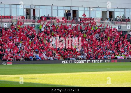 Leigh, UK. 21st May, 2023. Manchester United Women's fans wave flags before the The FA Women's Super League match Manchester United Women vs Manchester City Women at Leigh Sports Village, Leigh, United Kingdom, 21st May 2023 (Photo by Steve Flynn/News Images) in Leigh, United Kingdom on 5/21/2023. (Photo by Steve Flynn/News Images/Sipa USA) Credit: Sipa USA/Alamy Live News Stock Photo