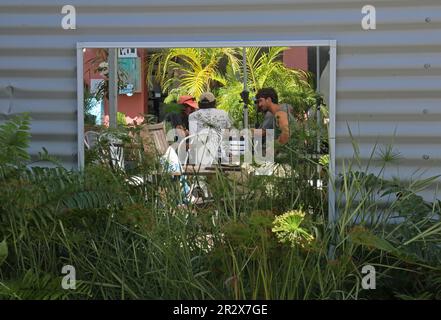 reflection in mirror in outside eating area  North Stradbroke Island, Queensland, Australia.     March Stock Photo