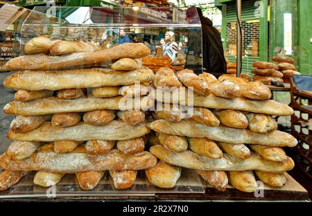 London Southwark Borough Market  wholesale and retail food market Baguettes for sale Stock Photo