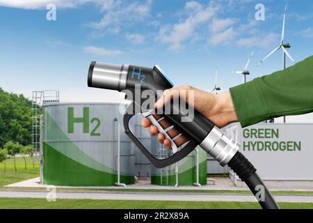Green Hydrogen factory concept. Hydrogen production from renewable energy sources. High quality photo Stock Photo