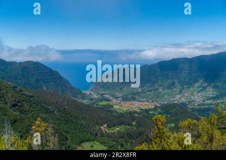 Panoramic mountains view from mountain miradouro da bica da cana viewpoint down to Sao vicente on Madeira Island Stock Photo
