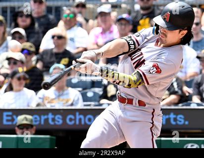 Pittsburgh, United States. 21st May, 2023. Arizona Diamondbacks left fielder Corbin Carroll (7) hits a solo homer the against the Pittsburgh Pirates during the first Inning at PNC Park on Sunday May 21, 2023 in Pittsburgh. Photo by Archie Carpenter/UPI Credit: UPI/Alamy Live News Stock Photo