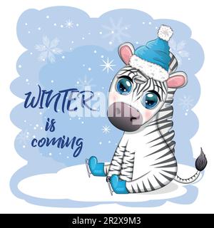 Greeting card with cute zebra in santa hat with christmas ball, candy kane, gift. The winter is coming. Wildlife holidays cartoon character. Stock Vector