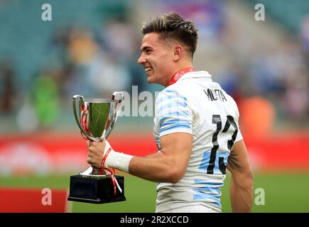 Argentina's Marcos Moneta celebrates with the trophy after beating Fiji in the Cup Final after the HSBC World Rugby Sevens Series at Twickenham Stadium, London. Picture date: Sunday May 21, 2023. Stock Photo