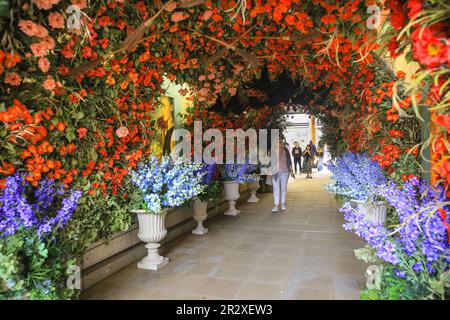 London, UK, 21st May 2023. The floral tunnel at the entrance to Duke of York Square always attracts attention. Chelsea in Bloom is Chelsea's free annual floral art show, flower festival and display competition, running in parallel to Chelsea Flower Show nearby. Credit: Imageplotter/Alamy Live News Stock Photo