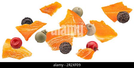 Dried chopped carrots with peppercorns isolated on white background Stock Photo