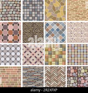 Stones pavement. Garden patio paving textures recent vector seamless background of road and wall surfaces Stock Vector