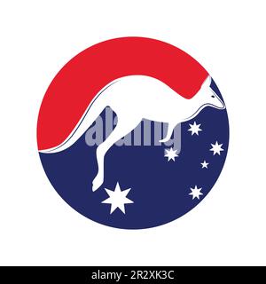 Kangaroo jumping logo template vector illustration inside a shape of circle australian flag colors and stars. Stock Vector