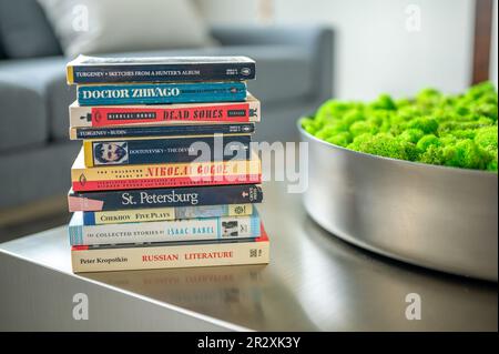 Calgary, Alberta - May 19, 2023: Stack of novels by Russian writers. Stock Photo